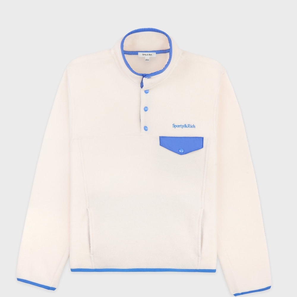 Sporty & Rich Fleece Buttoned Polar Sweatshirt - Blue/Cream, Size L